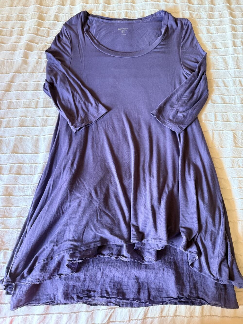 Kensie Women’s Large Purple Tunic Top 3/4 Sleeve Sharkbite Layered Hem Soft Stre